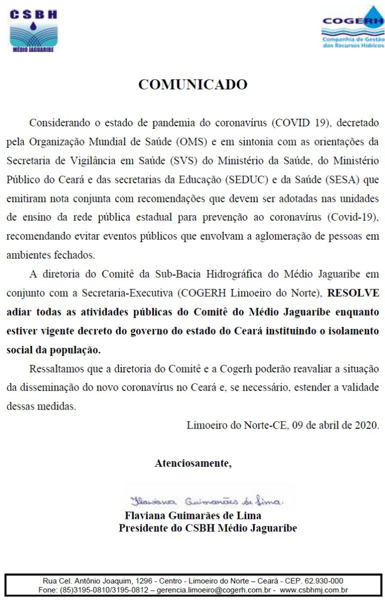 CSBH Médio Jaguaribe suspende atividades em função do COVID-19
